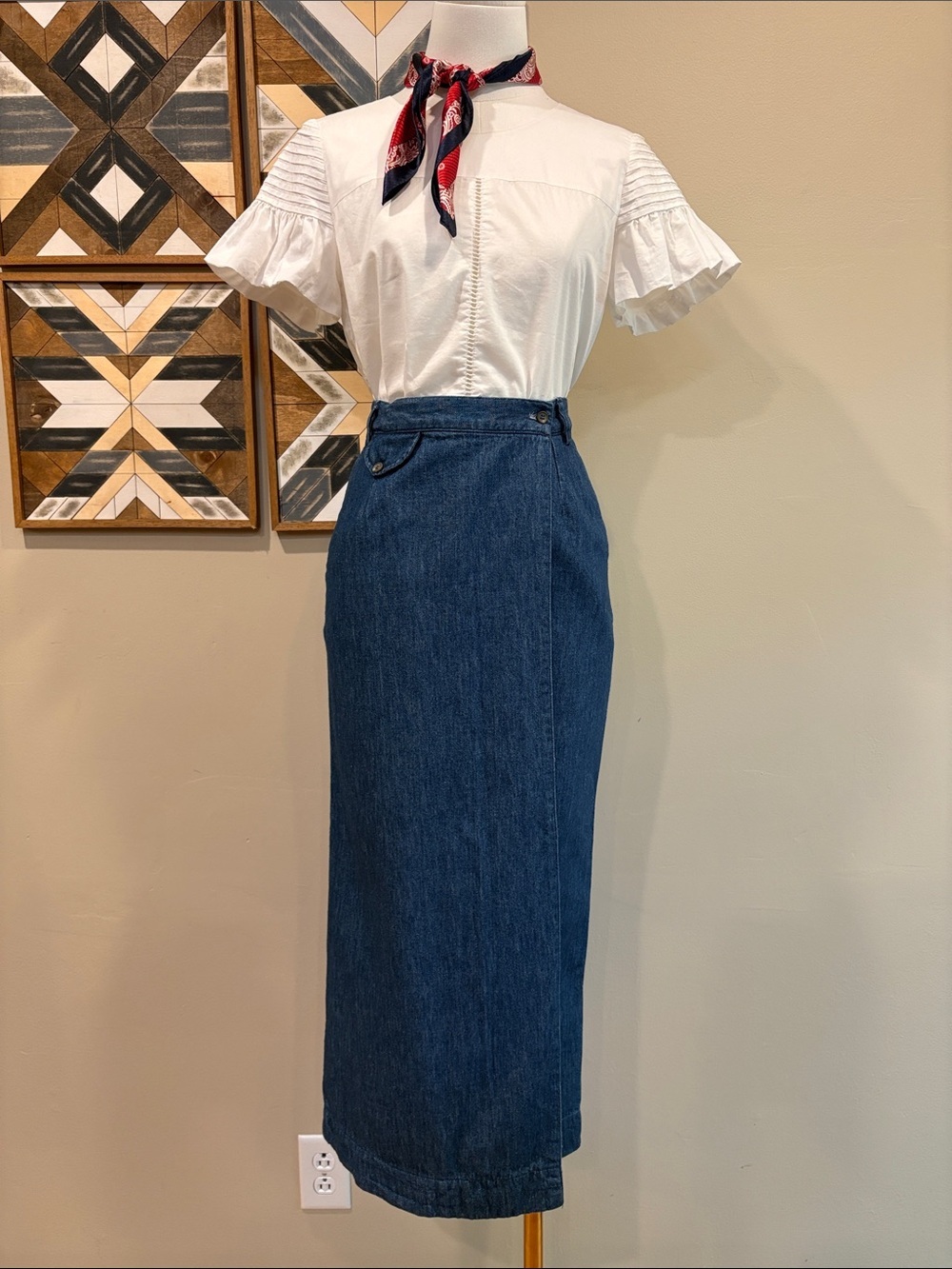 Vintage Ralph Lauren Blue Label Long Denim Wrap Jean Skirt with Plaid Detail 4
